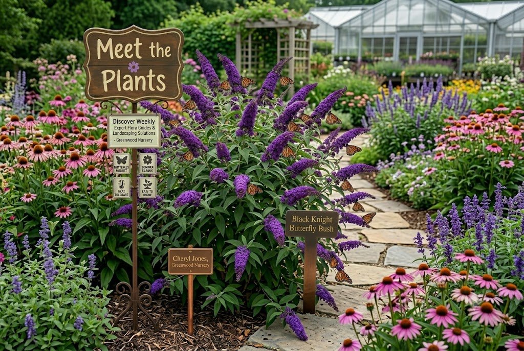 'Black Knight' Butterfly Bush with monarch butterflies, 'Meet the Plants' sign, and copper markers in a garden from Greenwood Nursery.