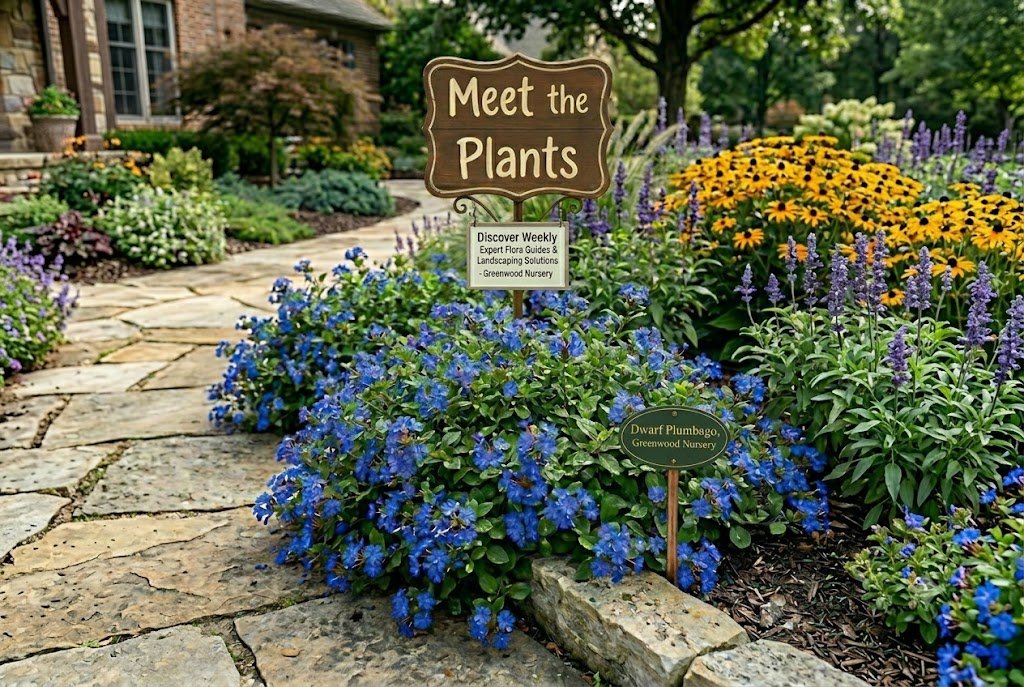 Blue Dwarf Plumbago groundcover with 'Meet the Plants' sign and marker along a stone pathway from Greenwood Nursery.