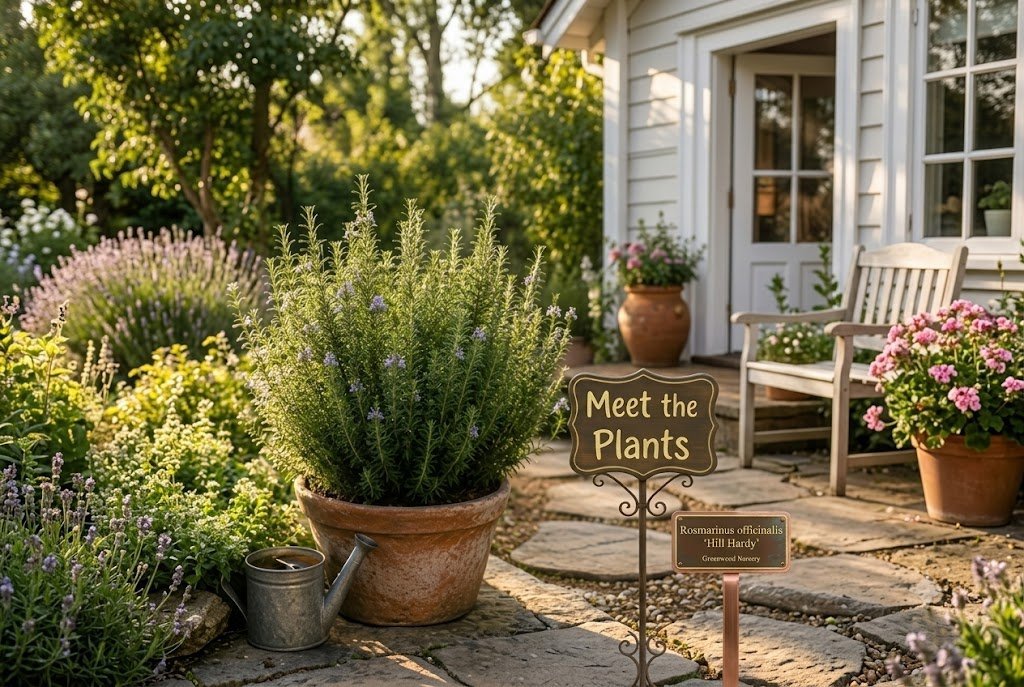 A 3:2 landscape photograph from Greenwood Nursery featuring a large pot of 'Hill Hardy' Rosemary on a stone pathway, flanked by a decorative wood-patterned 'Meet the Plants' sign and a copper plant marker next to a white garden cottage.