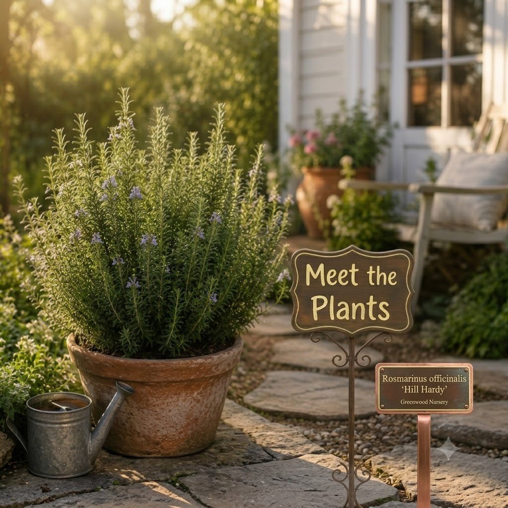 Large potted Hill Hardy Rosemary bush on a flagstone path featuring a rustic 'Meet the Plants' sign and a copper plant marker