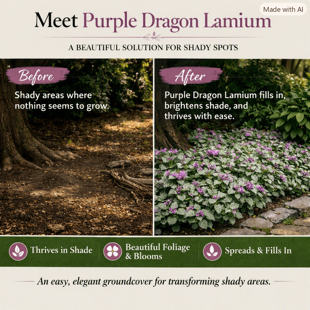 Before and after comparison showing Purple Dragon Lamium transforming a shaded area under a tree from bare soil to lush groundcover with silver leaves and purple flowers. Text reads ‘Meet Purple Dragon Lamium – A Beautiful Solution for Shady Spots.’”