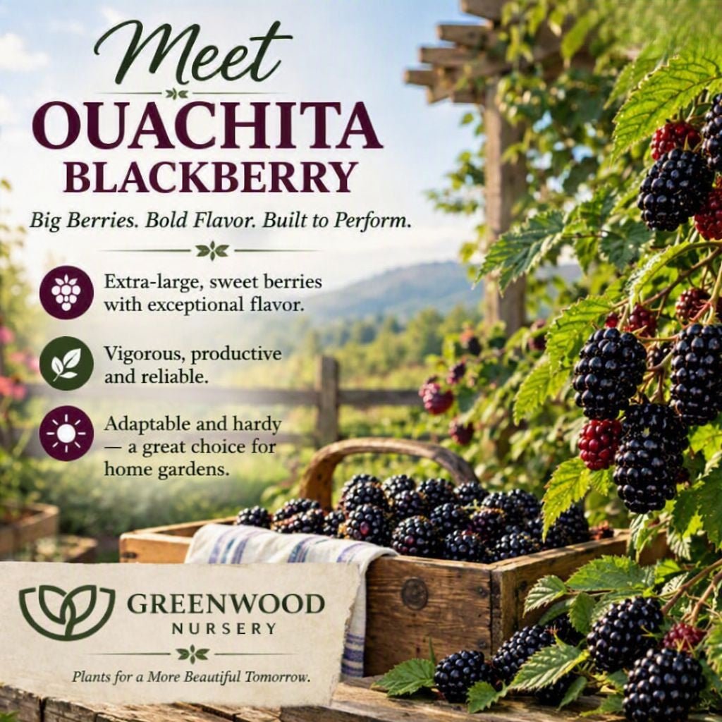 Ouachita Blackberry plants with ripe, glossy blackberries growing beside a wooden basket filled with harvested fruit in a sunny garden, labeled Meet Ouachita Blackberry with Greenwood Nursery logo and tagline.”