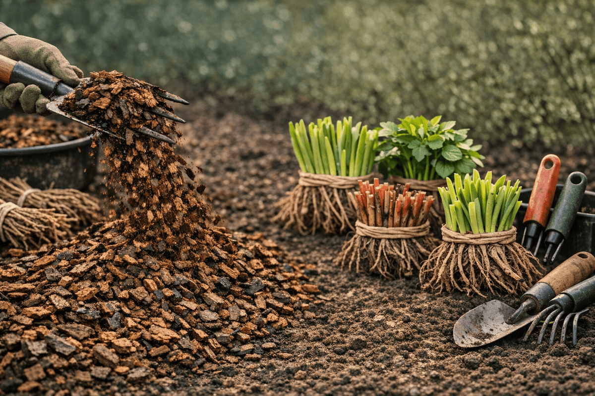 Close‑up of fresh dark mulch being spread around bare‑root plants and soil in a nursery setting.