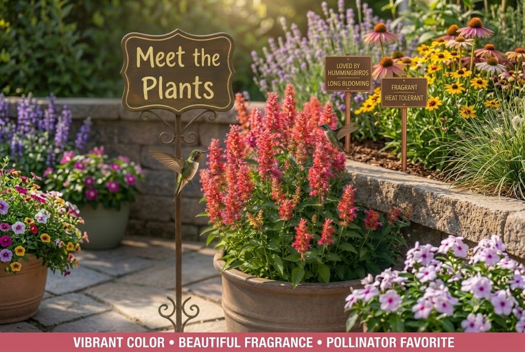 A garden infographic for Agastache 'Guava Lava' (Hummingbird Mint) showing two hummingbirds attracted to coral-pink flowers, with garden signs and a text banner reading: "Vibrant Color • Beautiful Fragrance • Pollinator Favorite."