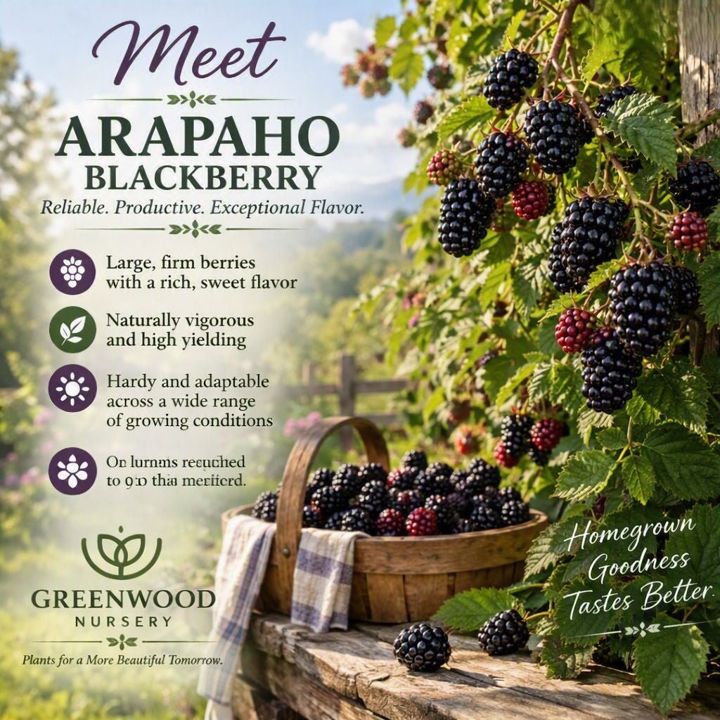 Arapaho Blackberry plants with ripe, glossy blackberries growing beside a wooden basket filled with harvested fruit in a sunny garden, labeled Meet Arapaho Blackberry with Greenwood Nursery logo and tagline.”