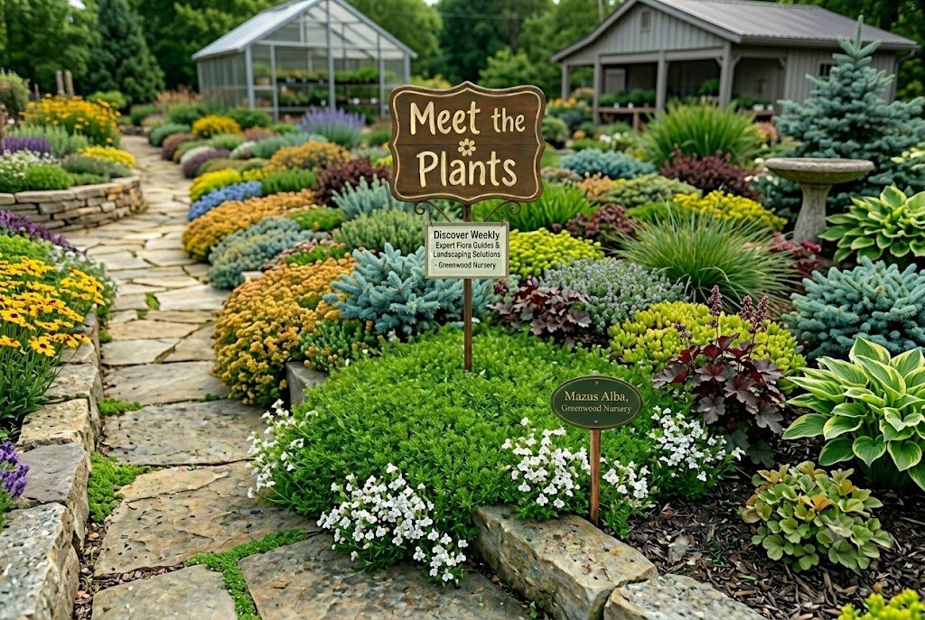 Mazus Alba white groundcover with 'Meet the Plants' sign, info placard, and name stake at Greenwood Nursery.