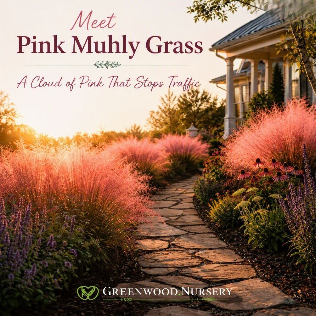 Pink Muhly Grass with feathery pink plumes glowing in warm sunlight along a stone garden path leading to a house, labeled Meet Pink Muhly Grass with Greenwood Nursery branding.”