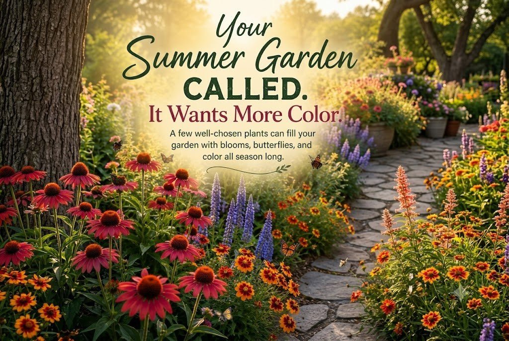 Summer garden banner with red coneflowers, purple agastache spikes, orange coreopsis, a stone walkway, and butterflies under bright sunshine.
