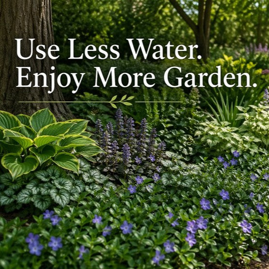 A lush, low-maintenance garden bed featuring a green carpet of evergreen Vinca minor groundcover growing beautifully beneath a tree border.