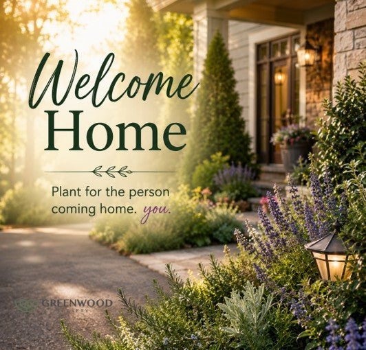 elcome Home graphic for what should greet you when you come home.jpg featuring a sunny front driveway and home entrance. Purple flowering salvia, rosemary bushes, and a pathway light line the stone walk leading to a porch.