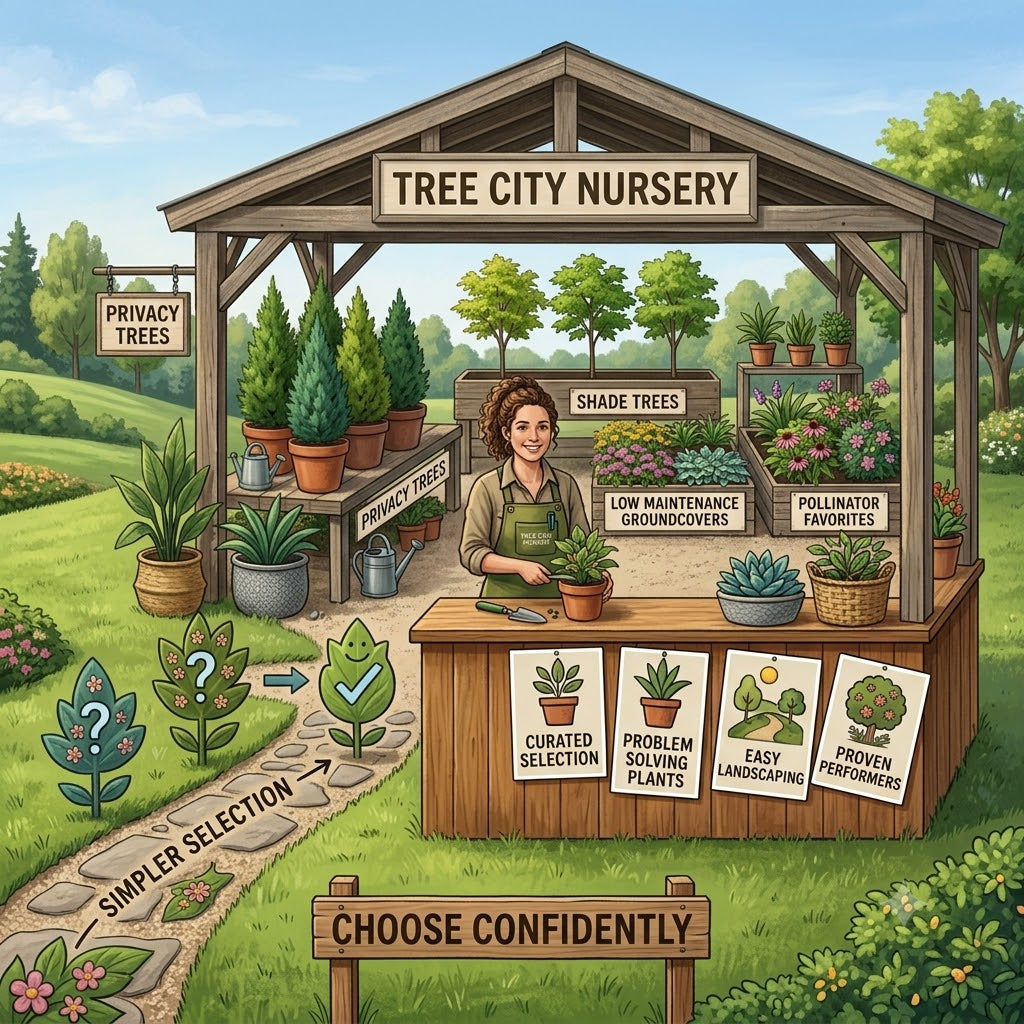 A realistic outdoor nursery scene at Tree City Nursery featuring signs for privacy trees, shade trees, low-maintenance groundcovers, and pollinator favorites with a helpful gardener assisting homeowners in choosing problem-solving plants.
