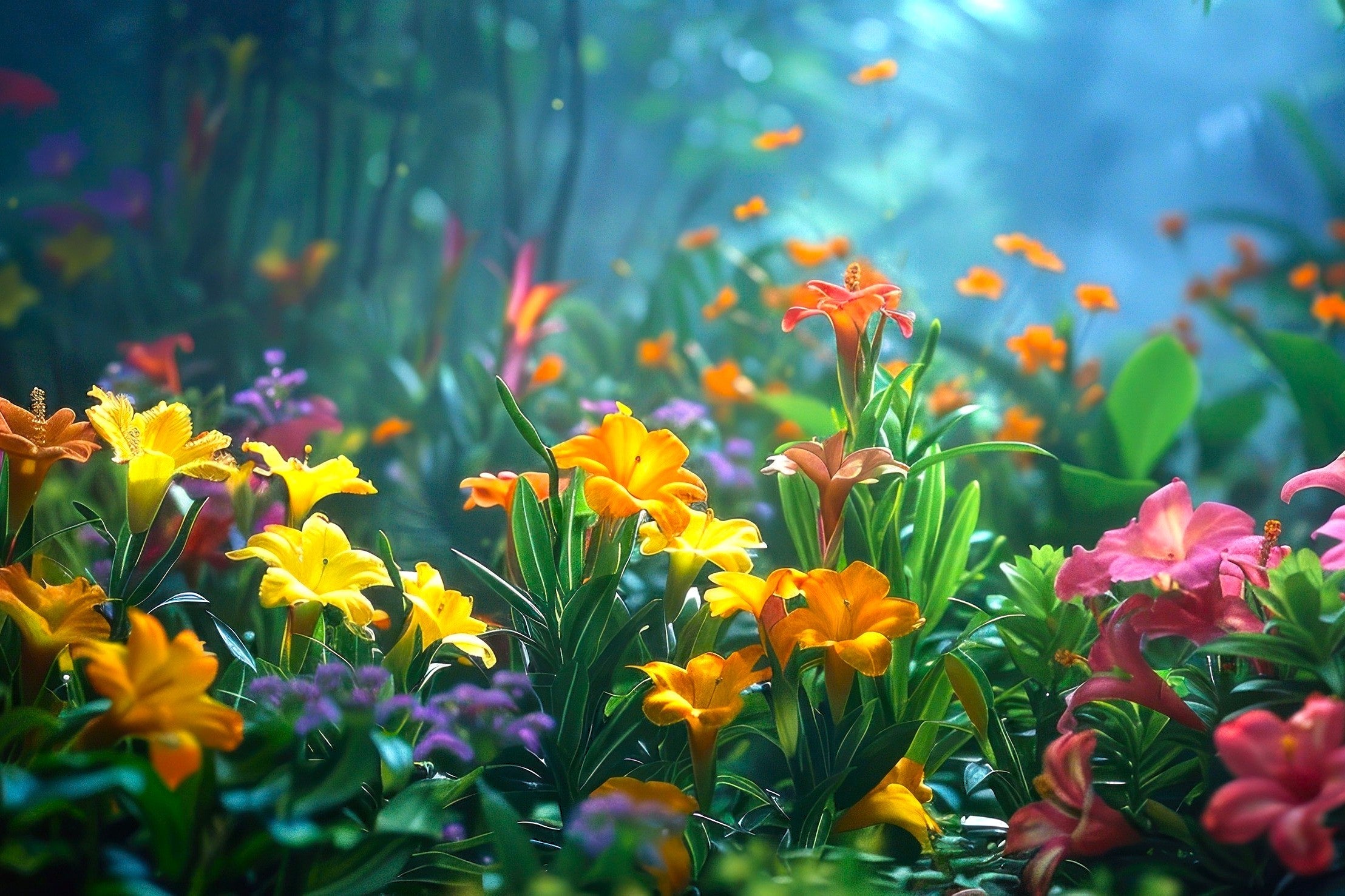 Colorful flowers in a lush, green forest setting