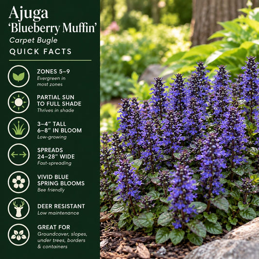 Ajuga Blueberry Muffin quick facts graphic showing USDA zones 5โ9, partial sun to full shade, 6โ8 inch flower spikes, fast spreading habit, and deer resistance.