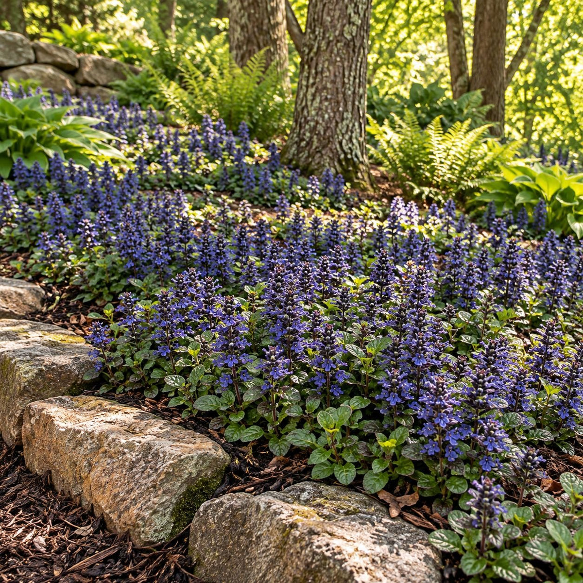 Mass planting of Ajuga Blueberry Muffin groundcover with blue-purple spring flowers spreading beneath mature shade trees along a natural stone garden border.