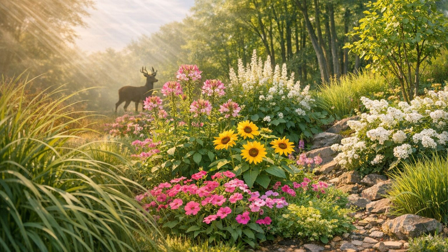 Garden scene with tall grasses, cleome, sunflowers, and young tree in bright sunlight.