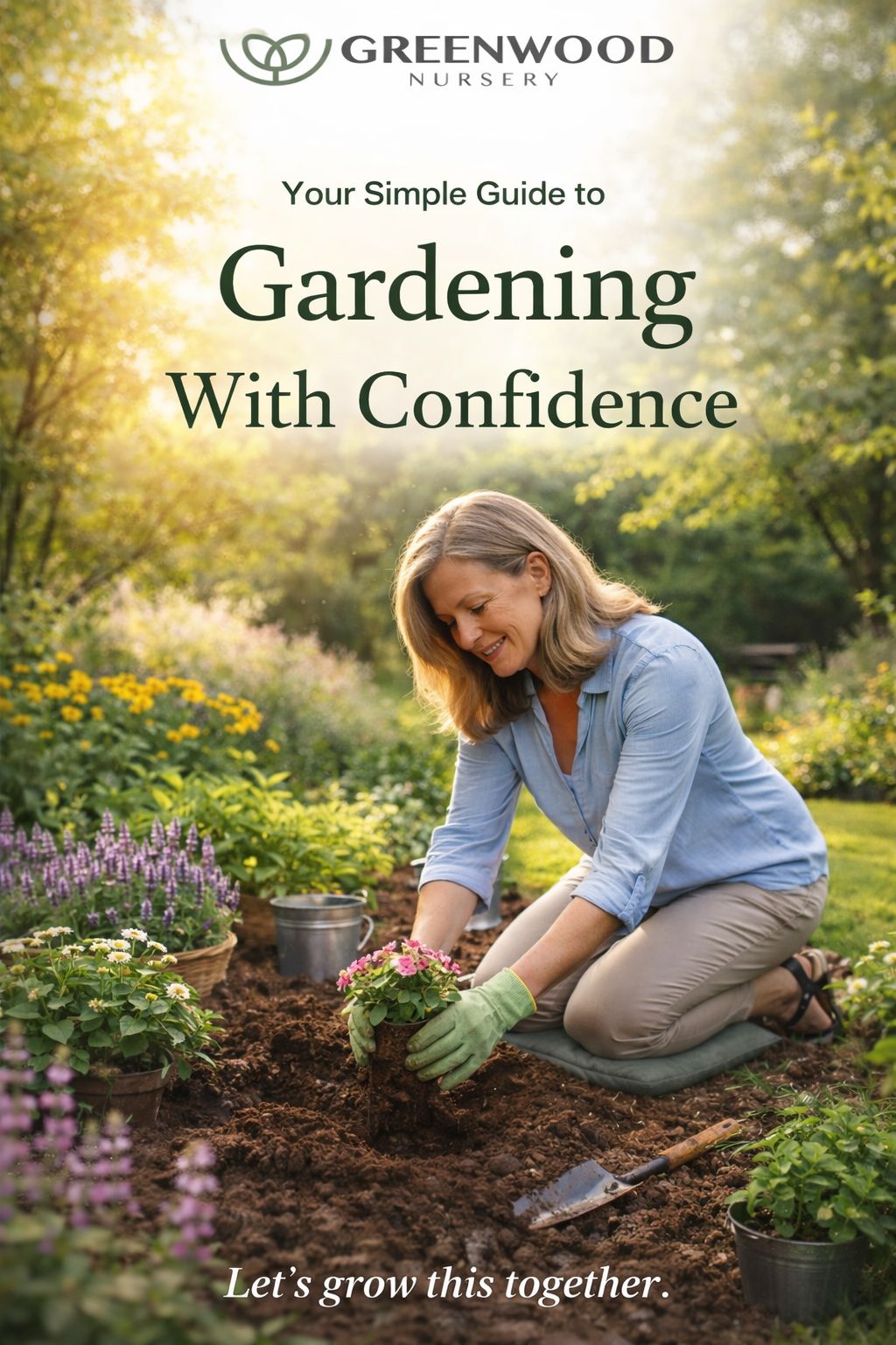Woman gardening with Greenwood Nursery logo and text about gardening with confidence.