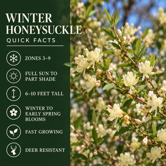 Quick Facts: Winter Honeysuckle quick facts showing zones 3–9, sun to partial shade, 6–10-foot height, winter-to-spring blooms, fast growth, and deer resistance.