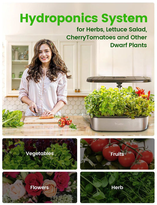 Woman in a kitchen with a hydroponics system growing vegetables, fruits, flowers, and herbs.