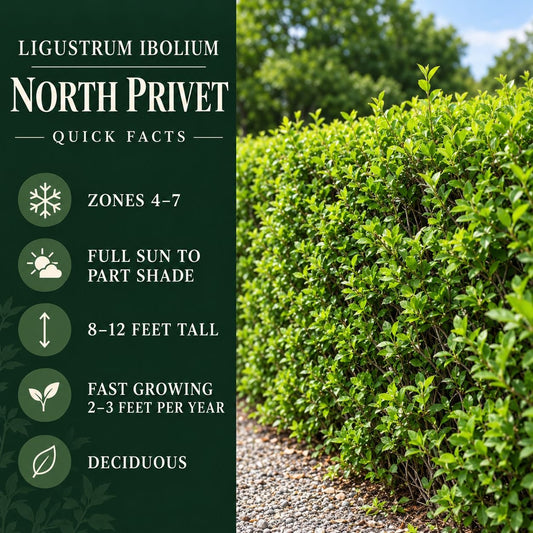 Quick Facts: Ligustrum Ibolium North Privet quick facts showing zones 4–7, sun to partial shade, 8–12-foot height, fast growth, and deciduous foliage.