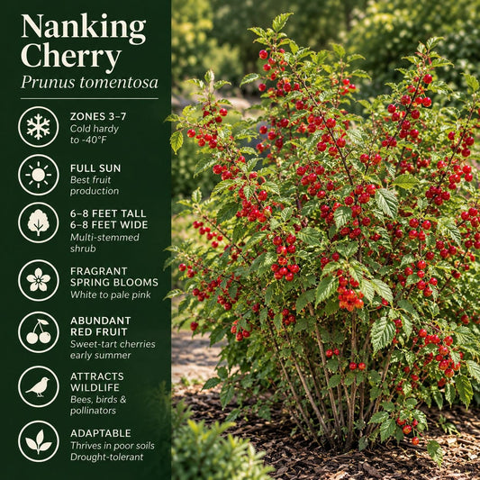 Nanking Cherry quick facts graphic showing USDA zones 3–7, full sun, 6–8 foot mature size, fragrant spring flowers, edible red cherries, and wildlife benefits.