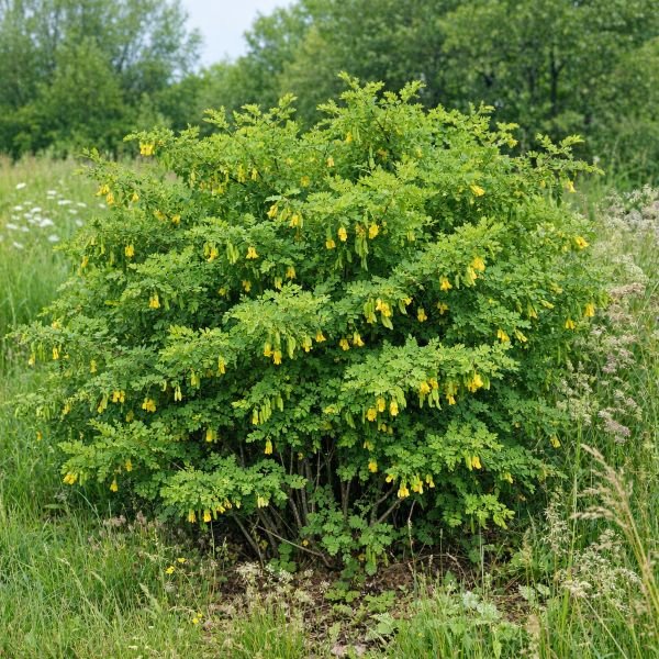 Naturalized Caragana shrub with bright green foliage, yellow pea-like flowers, and green seed pods in a meadow setting.