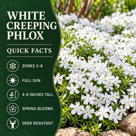 White Creeping Phlox quick facts showing zones 3โ8, full sun, 4โ6-inch height, spring blooms, and deer resistance.