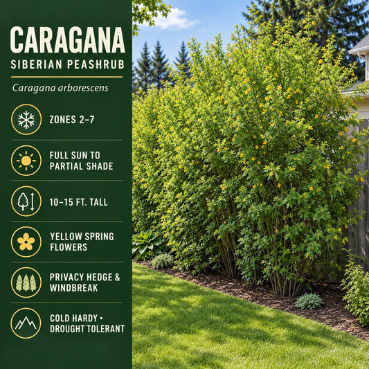 Caragana Siberian Peashrub growing densely along a fence, showing green foliage and yellow spring flowers with informational text describing its zones, size, and growing conditions.