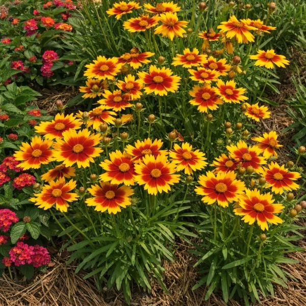 Coreopsis UpTick Gold and Bronze flowers in full bloom with yellow and bronze centers, surrounded by green foliage.