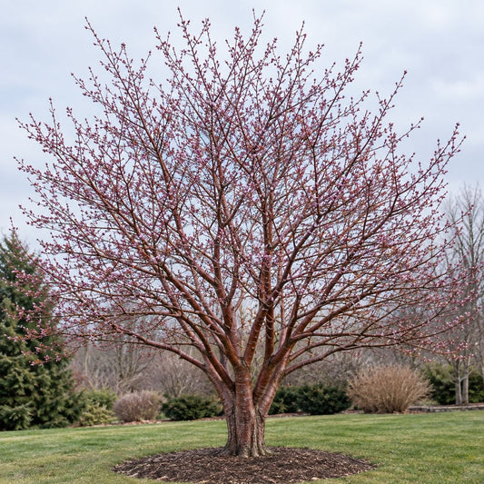 Okame cherry tree in winter with bare branching structure and pink buds beginning to swell above a mulched landscape.