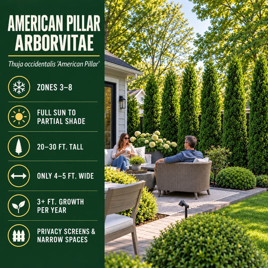A backyard patio with two people seated near flowering plants and tall American Pillar Arborvitae, with informational text about the tree variety on the left.