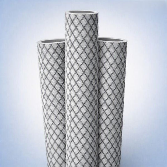 Three textured cylindrical FRP tubes standing upright with diamond pattern against light blue gradient background.”