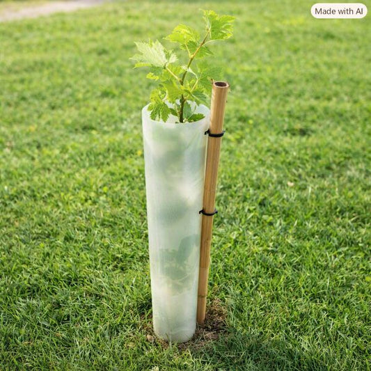 Grapevine growing from translucent vine protector with wooden stake in sunny green grass.”