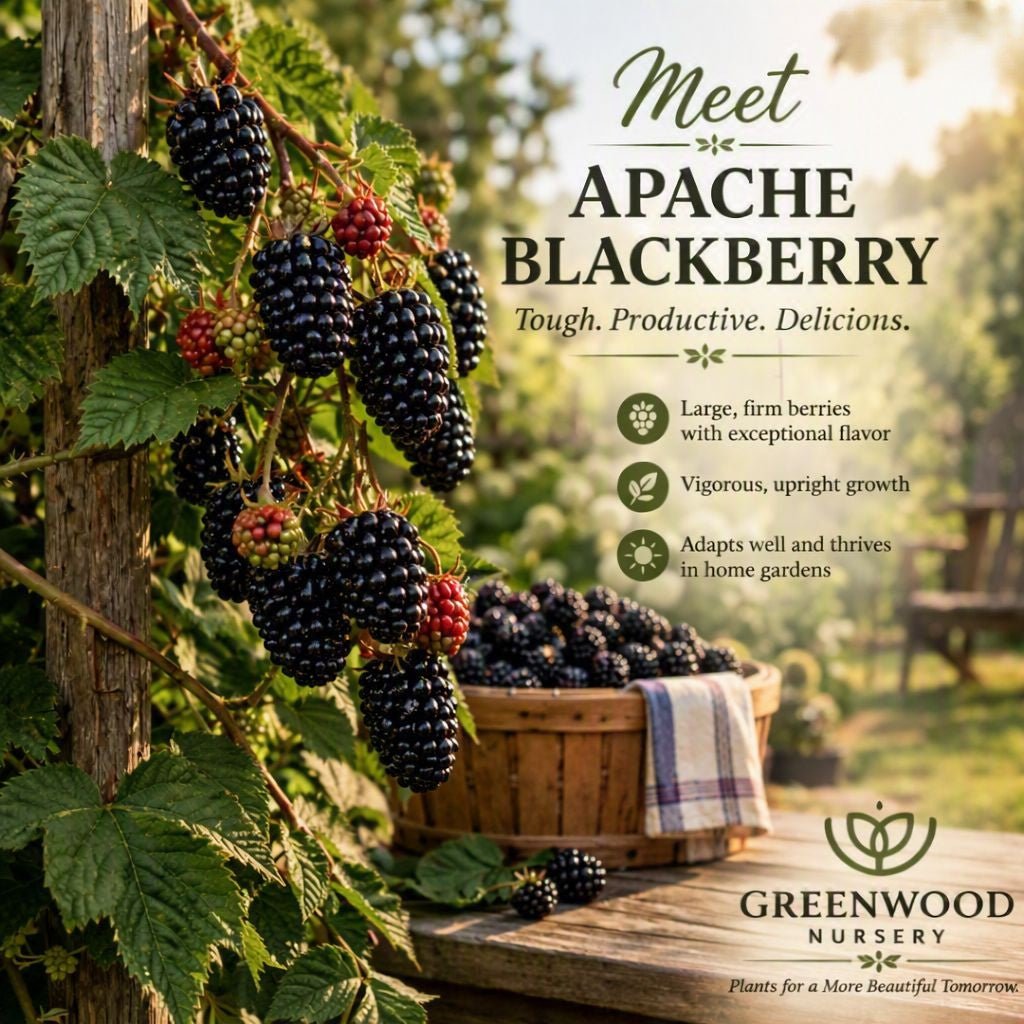 Apache Blackberry plant with ripe and unripe berries growing on thornless canes beside a wooden post, with a basket of freshly picked blackberries on a rustic table in a sunny garden, labeled Meet Apache Blackberry with Greenwood Nursery branding.”