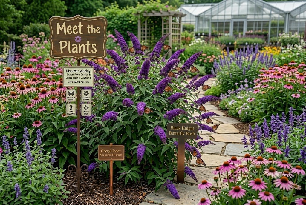 'Black Knight' Butterfly Bush with monarch butterflies, 'Meet the Plants' sign, and copper markers in a garden from Greenwood Nursery.