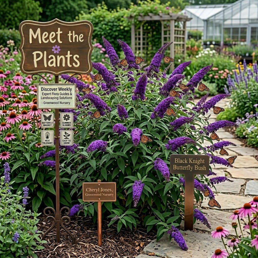 Lush Black Knight butterfly bush covered in monarch butterflies, with a 'Meet the Plants' sign and a weekly guide placard in a professionally landscaped garden setting.