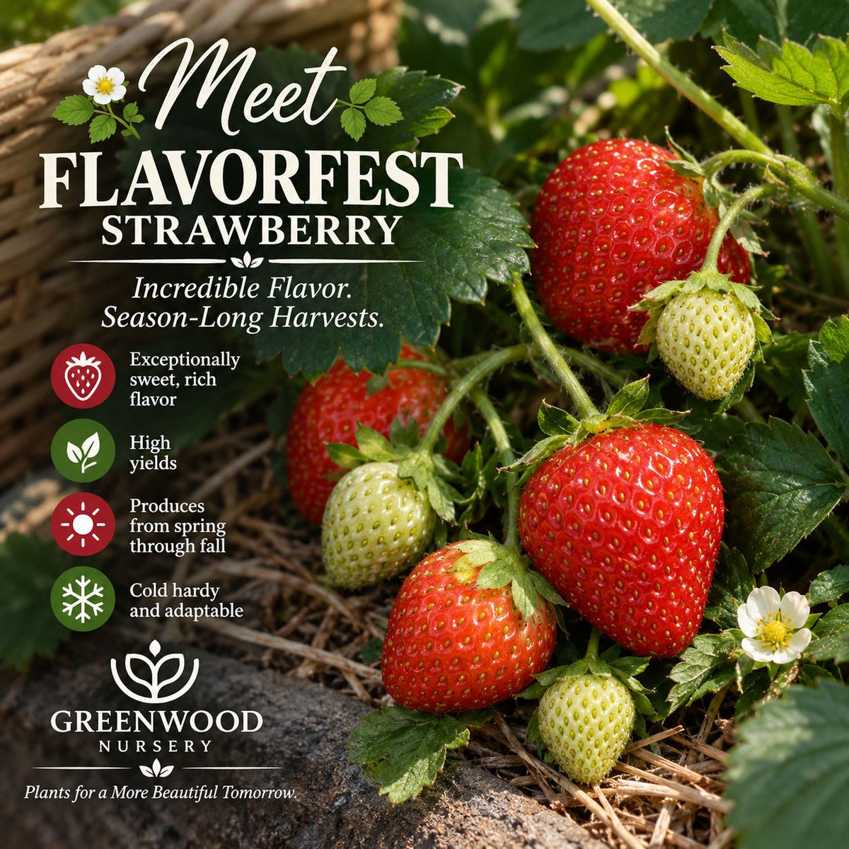 Ripe and unripe Flavorfest strawberries growing on a leafy plant beside a woven basket, with visible text promoting the variety’s sweet flavor, high yields, long harvest season, and Greenwood Nursery branding.”