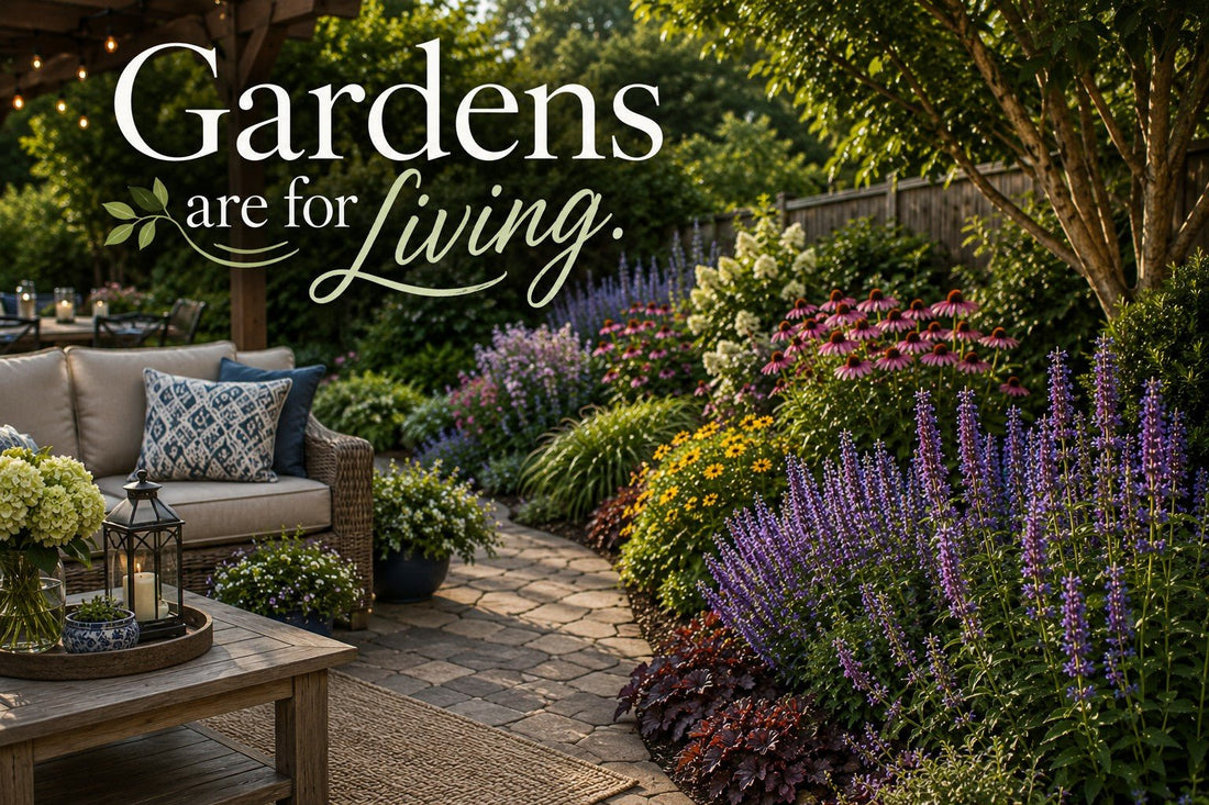 Vibrant patio garden with stone path, outdoor seating, and abundant colorful perennials including purple salvia and pink echinacea.