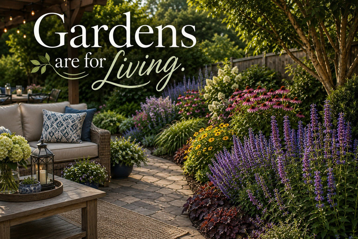 Vibrant patio garden with stone path, outdoor seating, and abundant colorful perennials including purple salvia and pink echinacea.