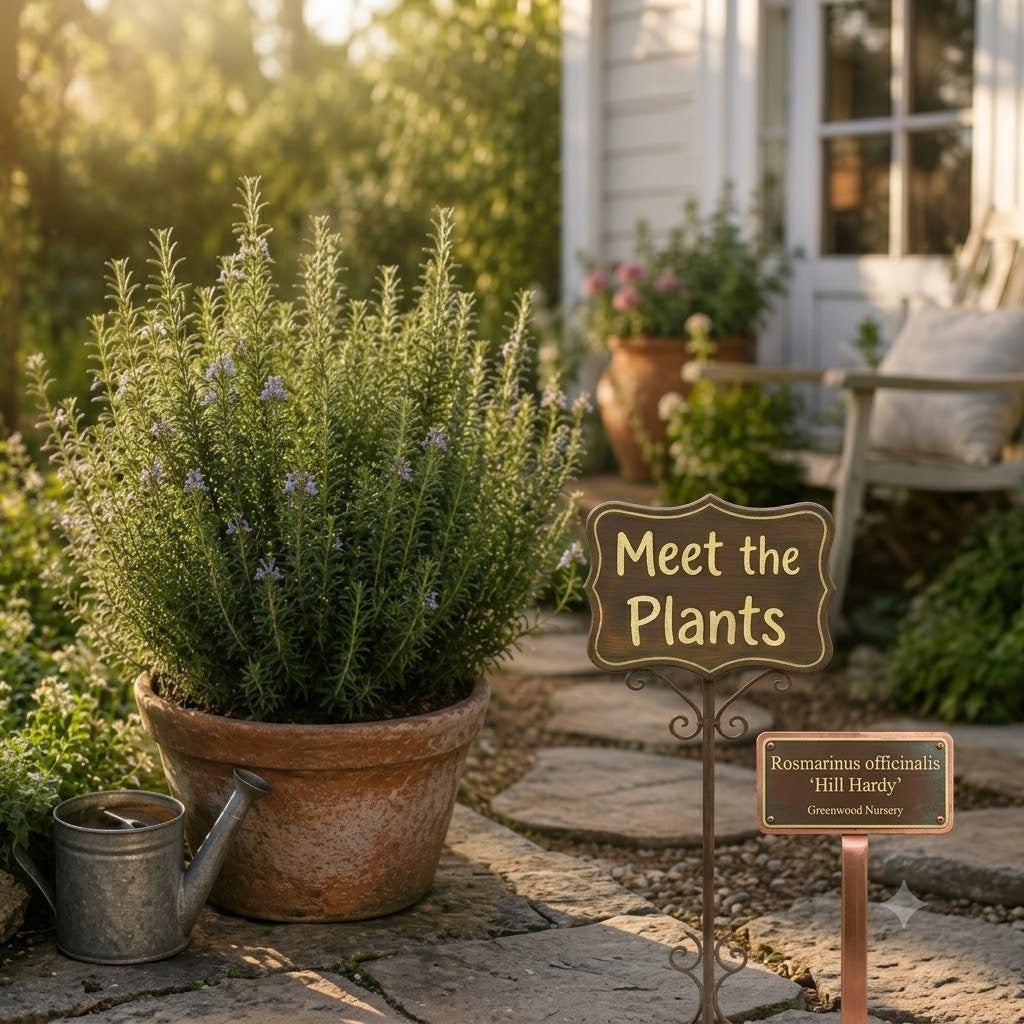 Large potted Hill Hardy Rosemary bush on a flagstone path featuring a rustic 'Meet the Plants' sign and a copper plant marker