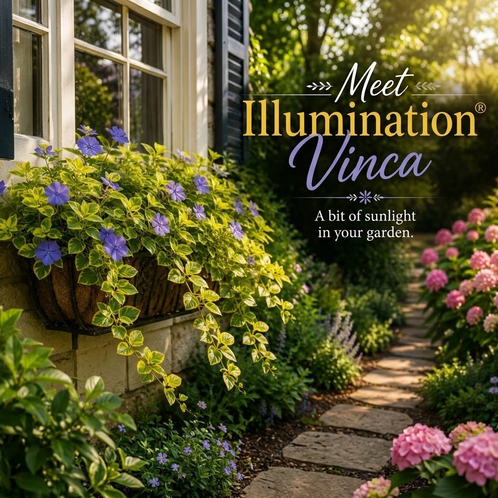 Meet Illumination Vinca: A bit of sunlight in your garden. Bright green and yellow variegated foliage with purple flowers spilling from a stone window box next to a garden pathway."  Option 2: Concise Alt T