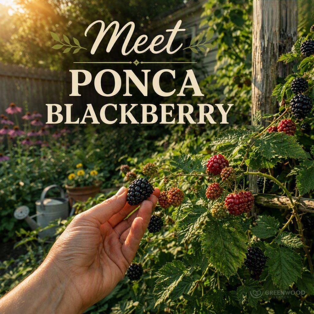 Ponca Blackberry plant with ripe blackberries being picked by hand in a sunny garden, showing clusters of red and black berries, green leaves, and Greenwood Nursery branding text Meet Ponca Blackberry.”