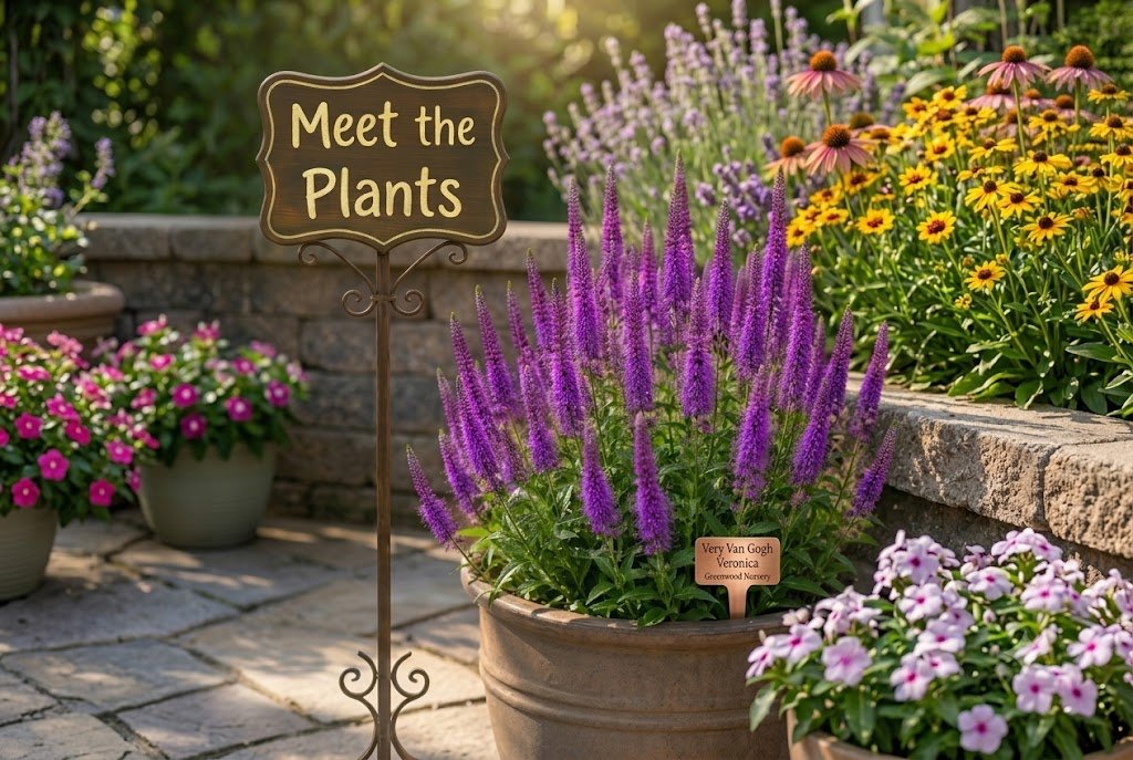 A 3:2 landscape garden photograph from Greenwood Nursery featuring purple 'Very Van Gogh' Veronica flower spikes in a large terra cotta container, shown next to a decorative brown 'Meet the Plants' metal sign and a small copper plant marker.