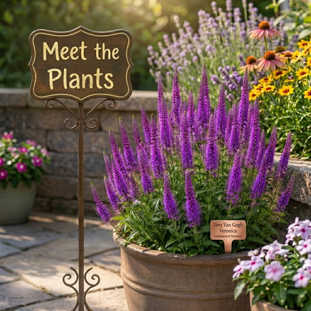 A large, bushy cluster of 'Very Van Gogh' Veronica featuring prolific, deep purple-pink flower spikes, growing in a rustic terracotta pot on a sunny stone patio.