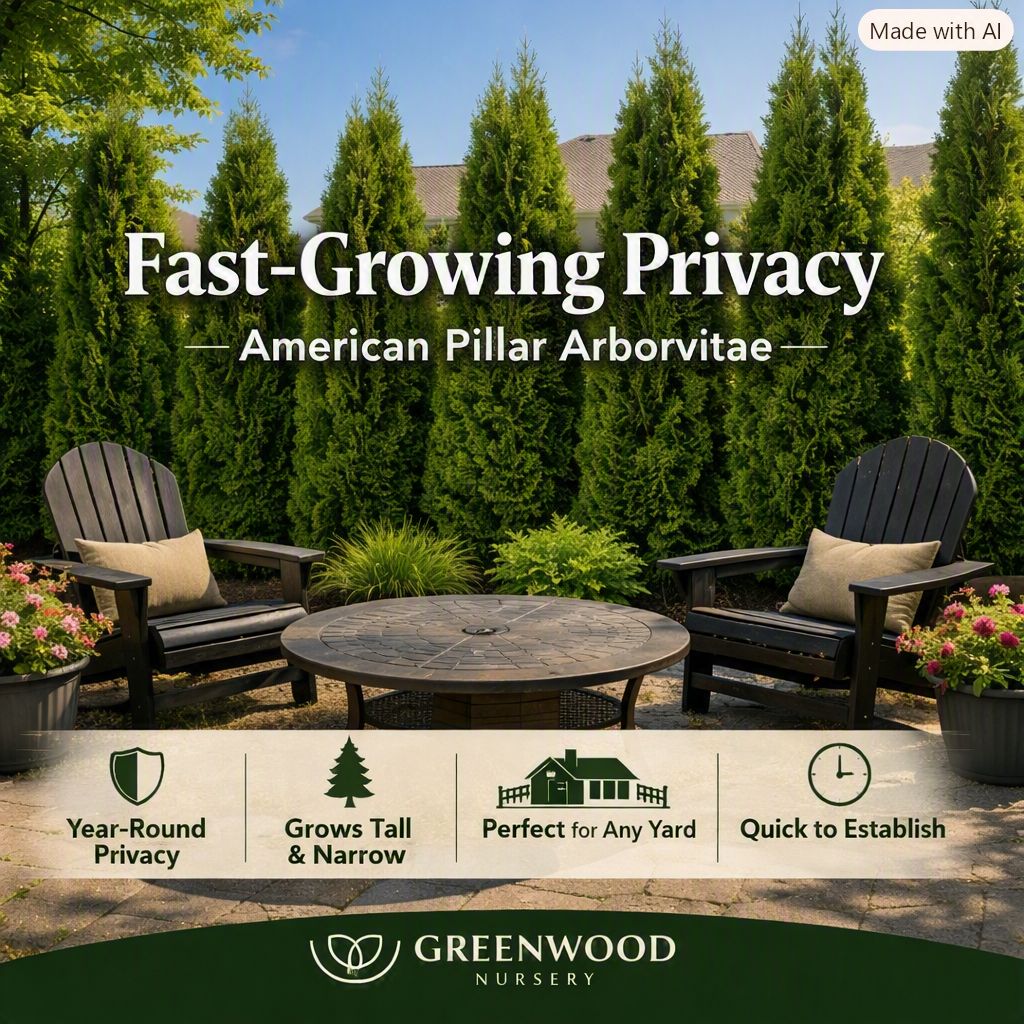 American Pillar arborvitae shown as a tall, narrow evergreen column with dense green foliage against a simple background.”