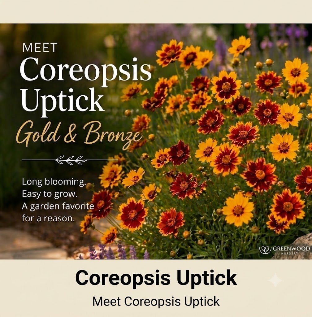 “Coreopsis Uptick Gold & Bronze flowers with golden-yellow petals and bronze-red centers blooming in a garden setting. Text reads ‘Meet Coreopsis Uptick Gold & Bronze – Long blooming, easy to grow, a garden favorite for a reason.’”