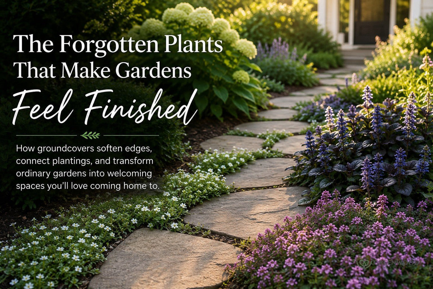 forgotten plants pathway to a home with groundcovers, hydrangeas and perennials. 