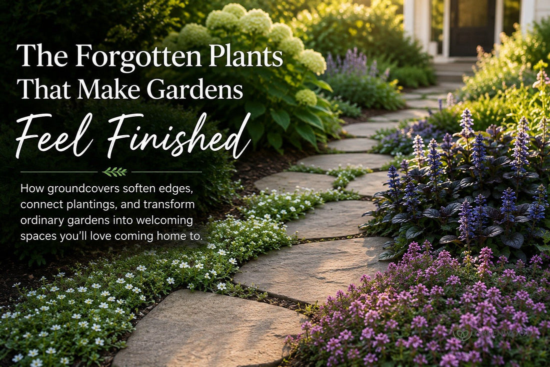 forgotten plants pathway to a home with groundcovers, hydrangeas and perennials. 