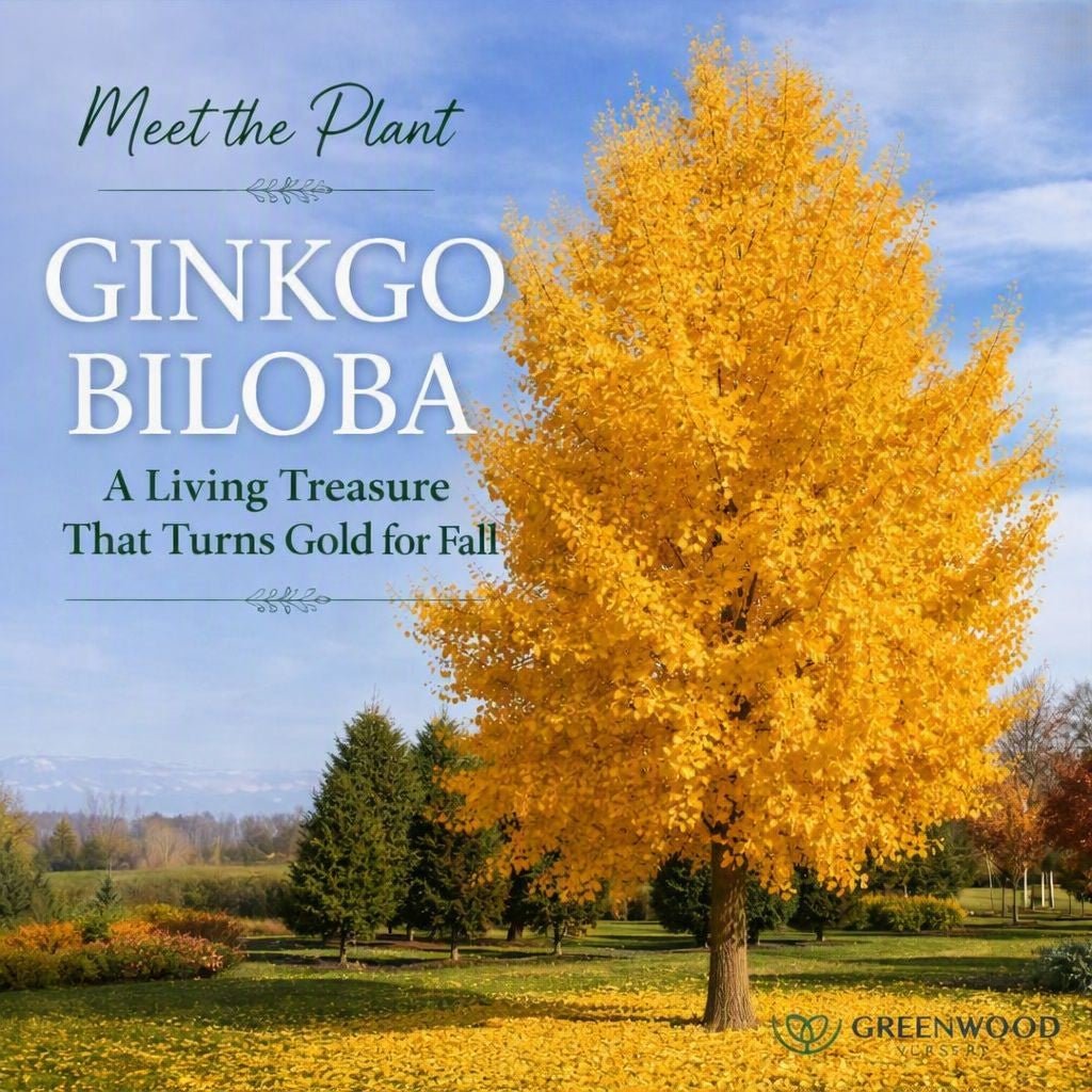 “Golden-yellow Ginkgo Biloba tree in autumn standing in a park with seasonal foliage and Greenwood Nursery Meet the Plant text overlay.”