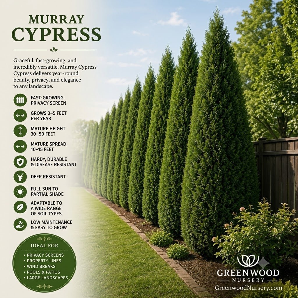 Murray Cypress infographic featuring a privacy screen row with growth specs: 3-5 ft per year, 30-50 ft mature height, deer resistant, and full sun."