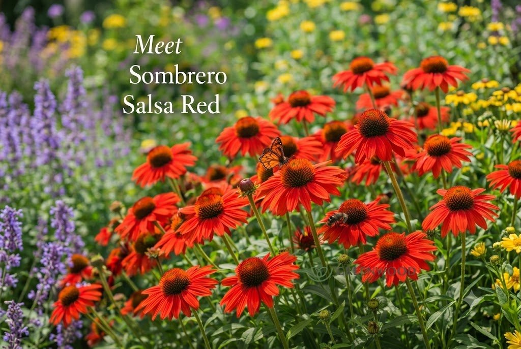 A 3:2 landscape garden photograph from Greenwood Nursery featuring vibrant Sombrero Salsa Red Echinacea coneflowers with a monarch butterfly and bee, flanked by purple salvia and yellow coreopsis in a sunny perennial border.